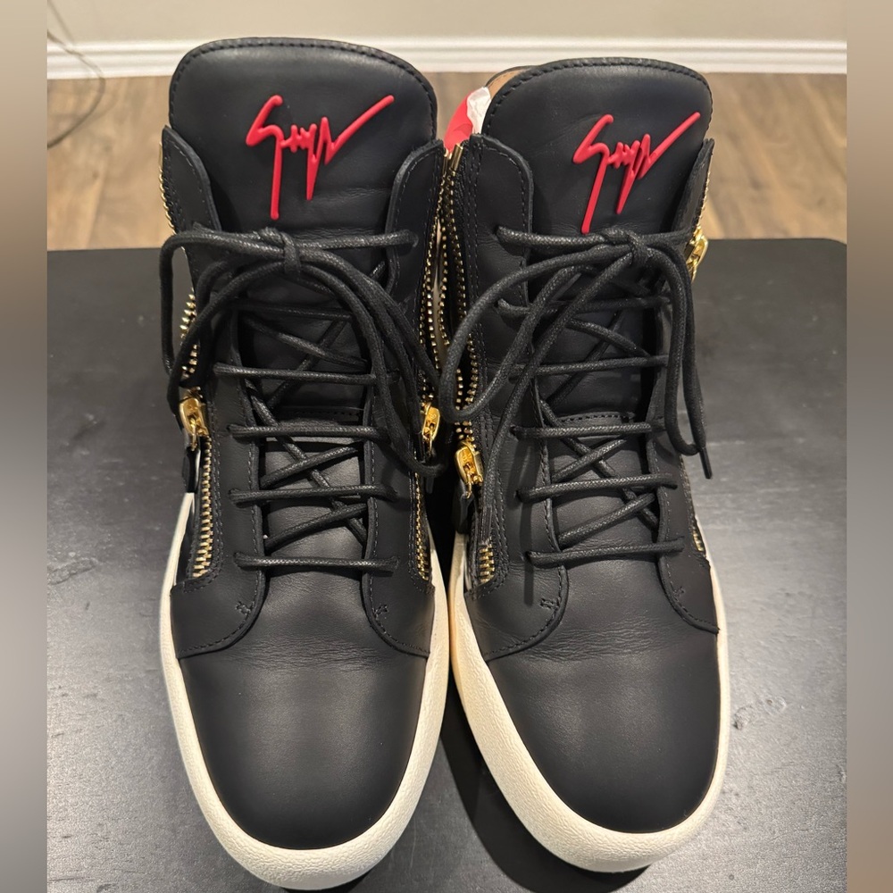 Giuseppe Zanotti Black Leather High-Top Sneakers with Red Logo and Gold Zippers